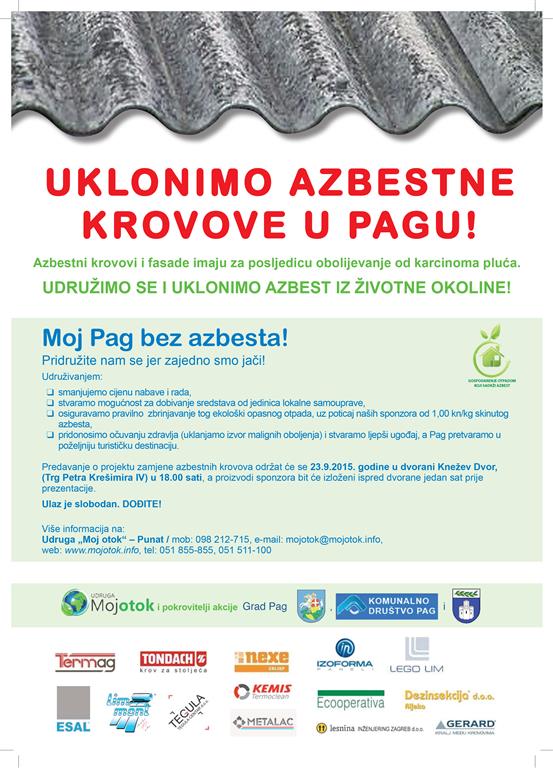 Predavanje "Uklonimo azbestne krovove u Pagu!" u srijedu, 23. rujna u Kneževom dvoru