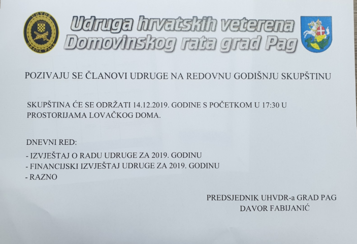 Redovna godišnja skupština UHVIDR-a Grada Paga